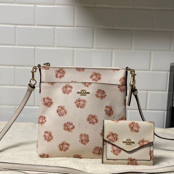 Coach Rose Pattern Crossbody Bag and Wallet - Cream and Pink - Picture 1 of 16